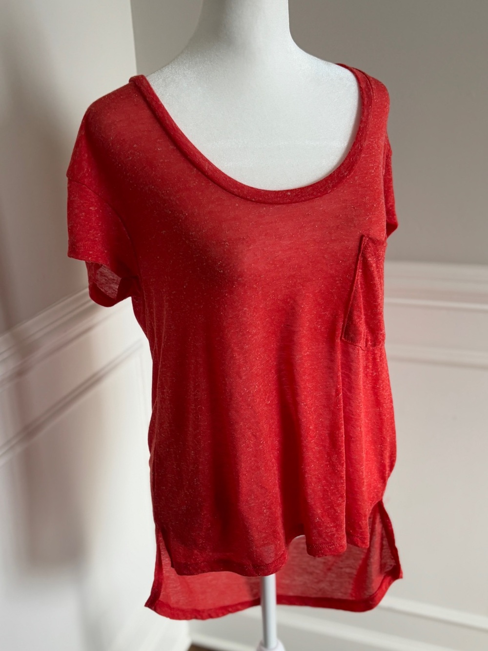 Energie Red Scoop-Neck Short Sleeve Tee with Pocket Detail